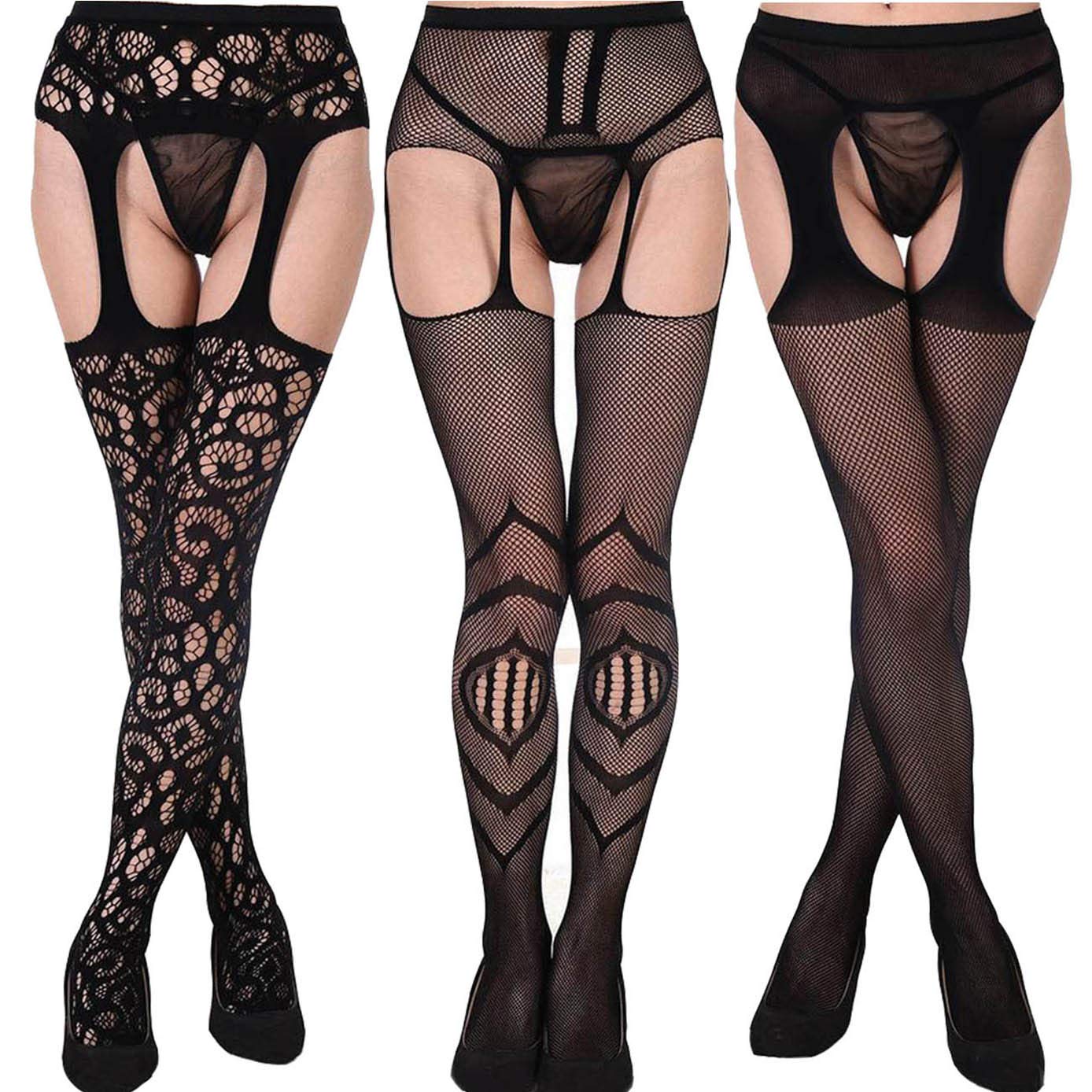 ANDIBEIQI 3 Pack Womens Suspender Garter Fishnet Underwear Ladies Sets Pantyhose Suspenders Stockings Garter Belt Lace High Patterned Lingerie Tights