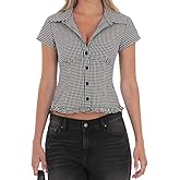 Women Y2k Short Sleeve Button Up Shirt Plaid V Neck Vintage Blouse Ruched Lapel Collar Blouse Tops