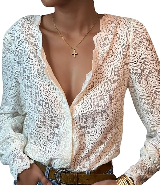 LUXVEER DRESSY LACE TOPS FOR WOMEN BLOUSES FOR WOMEN CASUAL V NECK BUTTON DOWN SHIRTS FOR WOMEN IVORY