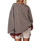 UEU Women Oversized Striped Crewneck Sweatshirt Long Sleeve Color Block Pullover Tops Casual Loose Workout Shirt