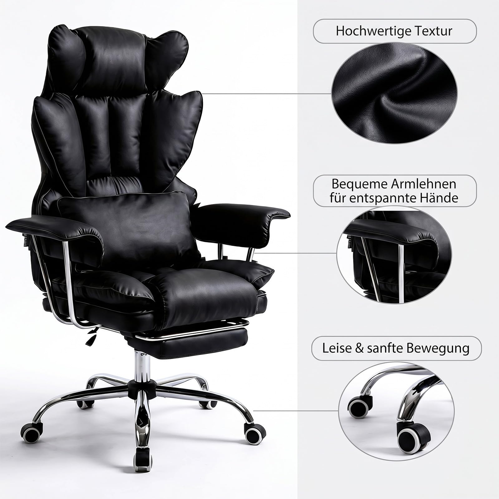 Ergonomischer Chefsessel Bürostuhl Gaming Stuhl Hochlehner mit Fußstütze &verstellb. Lendenstütze, 200 kg belastbar, Extra breiter Sitz,90°–135° Rückenlehne, Polsterung, Modern Büro/Homeoffice,Schwarz 6