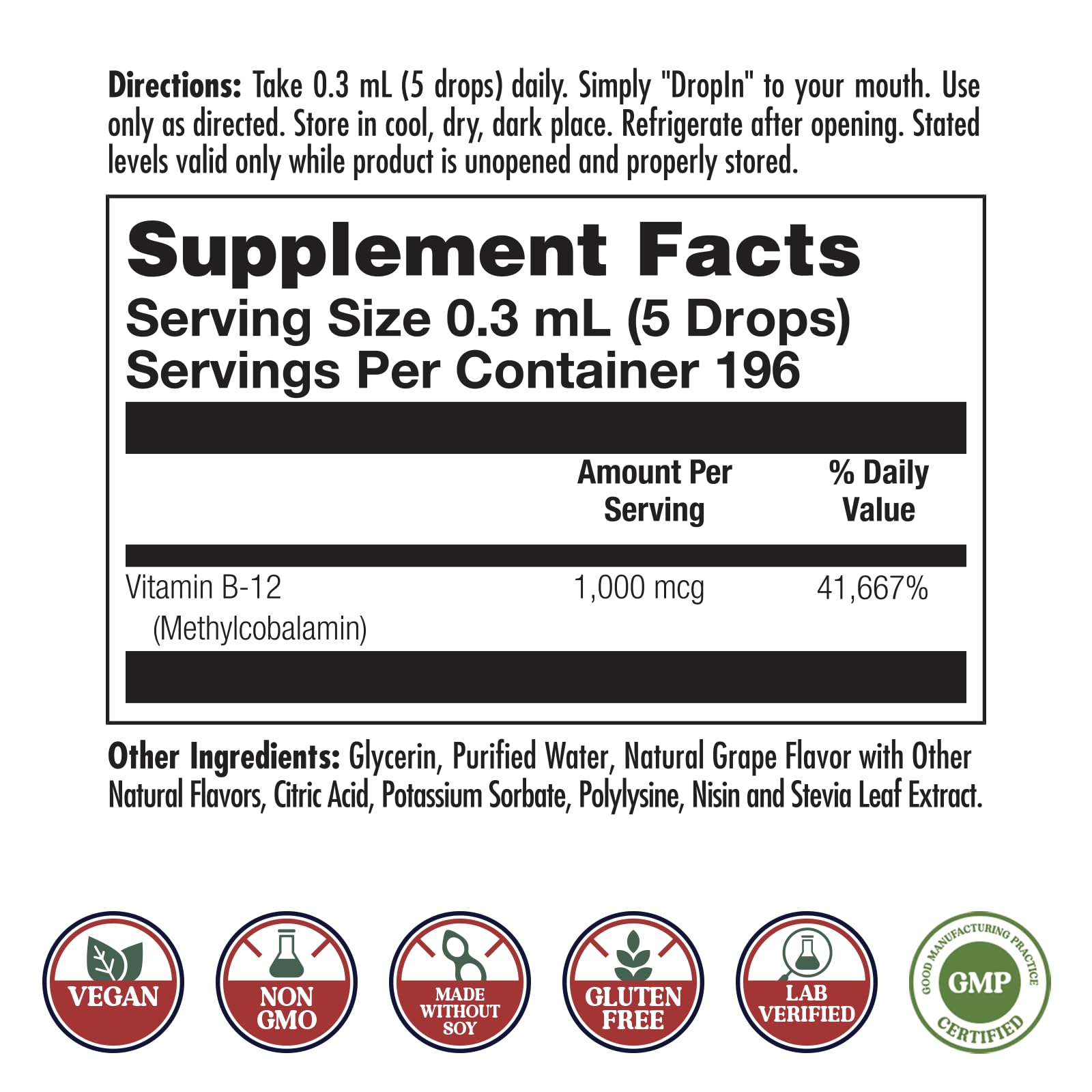 KAL B12 1000 mcg DropIns, High Absorption Liquid B12 Vitamin, Healthy Energy Supplements for Metabolism, Heart Health, Nerve, Red Blood Cell Support, Natural Grape Flavor B12 Drops, 196 Servings, 2oz