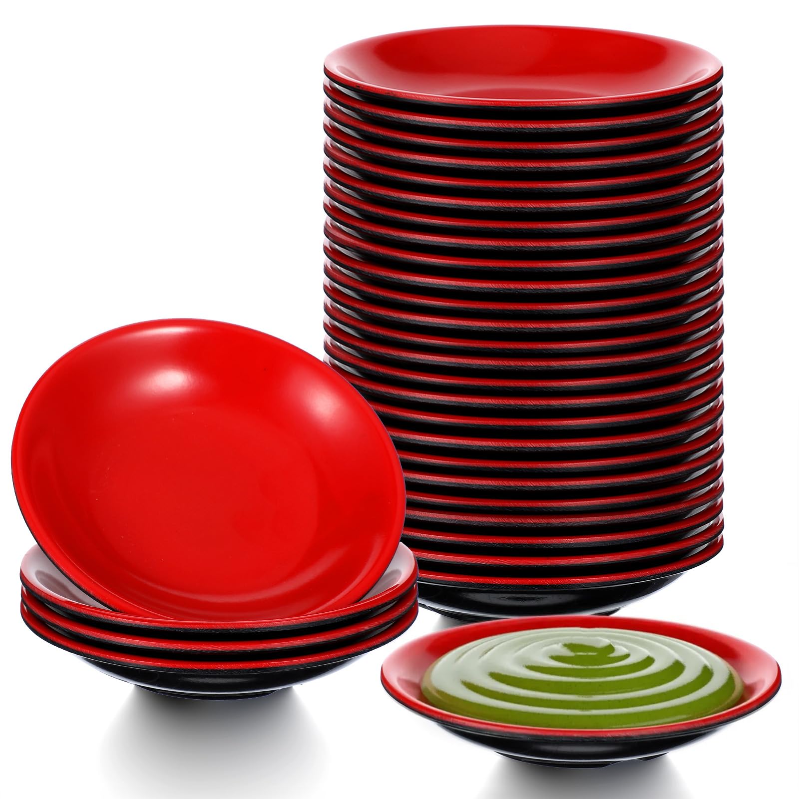 Photo 1 of mekueeex 30 Pcs Dipping Bowls Soy Sauce Dishes Dipping Sauce Cups Serving Plate Set Black Red Side Small Dish Pinch Bowls for Condiment, Soy, BBQ, Desserts(Round) ?