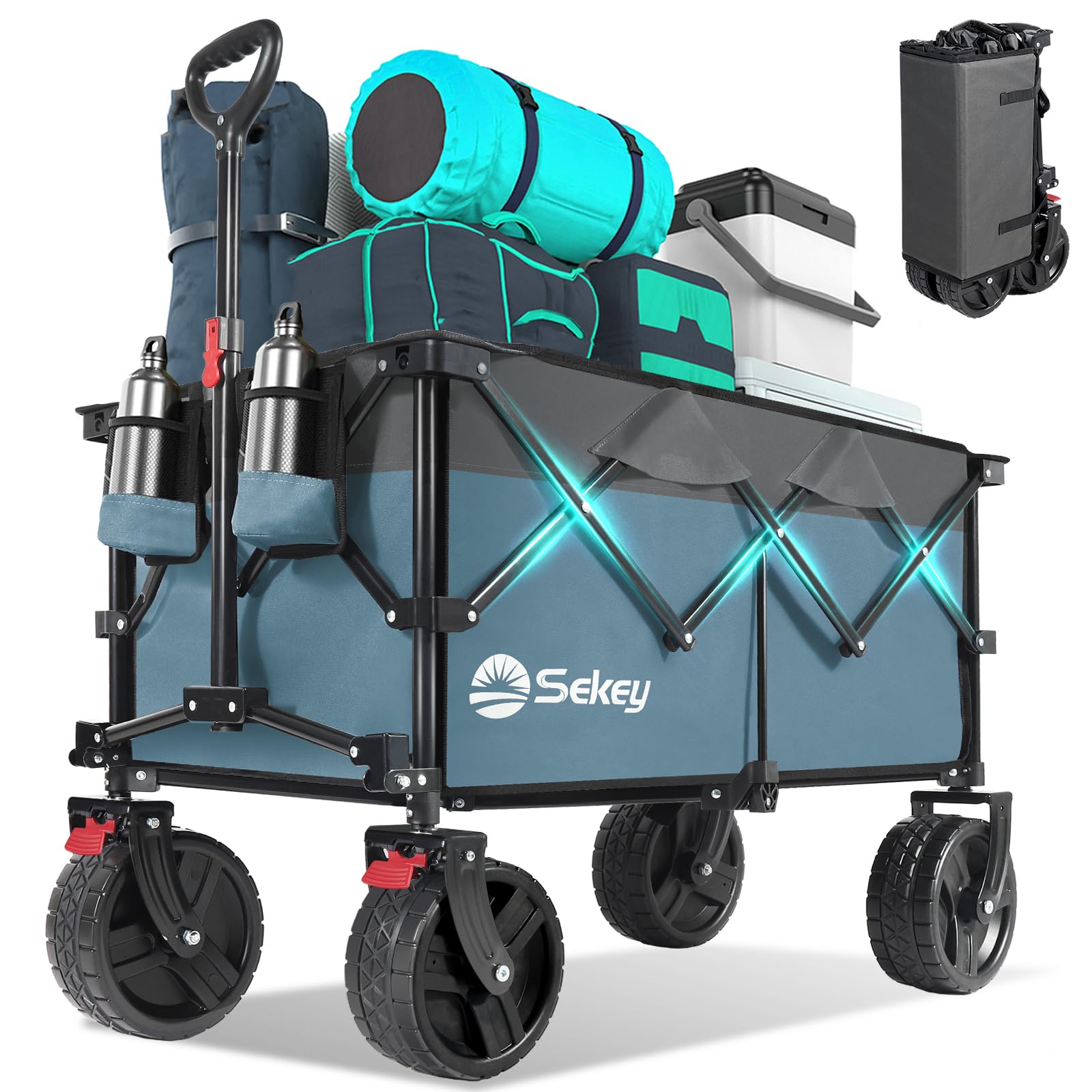 Sekey 220L Wagons Carts Foldable with Big All-Terrian Beach Wheels, Collapsible Heavy DutyWagon with Cup Holders, Extra Large Folding Wagon,Foldable Wagon for Camping, Garden, Sports.Blue&Gray Image