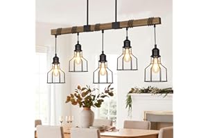 SIAFAVOI 5-Light Dining Room Light Fixture, 63" Adjustable Height Pendant Lights Kitchen Island Black Metal & Rustic Wood Modern Linear Ceiling Chandeliers Over Table with E26 Base for Farmhouse Bar