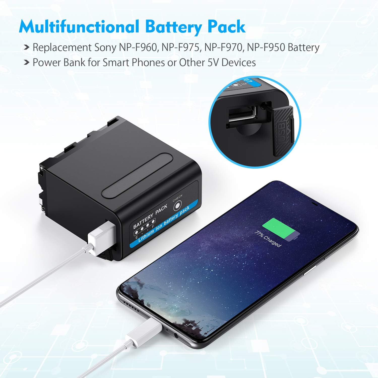 Powerextra Multifunctional Battery Pack with USB Output for Sony NP-F970, NP-F975, NP-F960, NP-F950, NP-F930 Battery: Home Audio & Theater