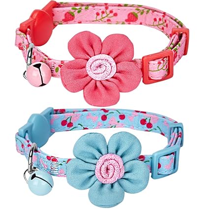 Blueberry Pet Lot De 2 Adorables Motifs Cerises Et Fleurs Réglable Collier Pour Chat Avec Boucle Anti étranglement Fleur Clochette