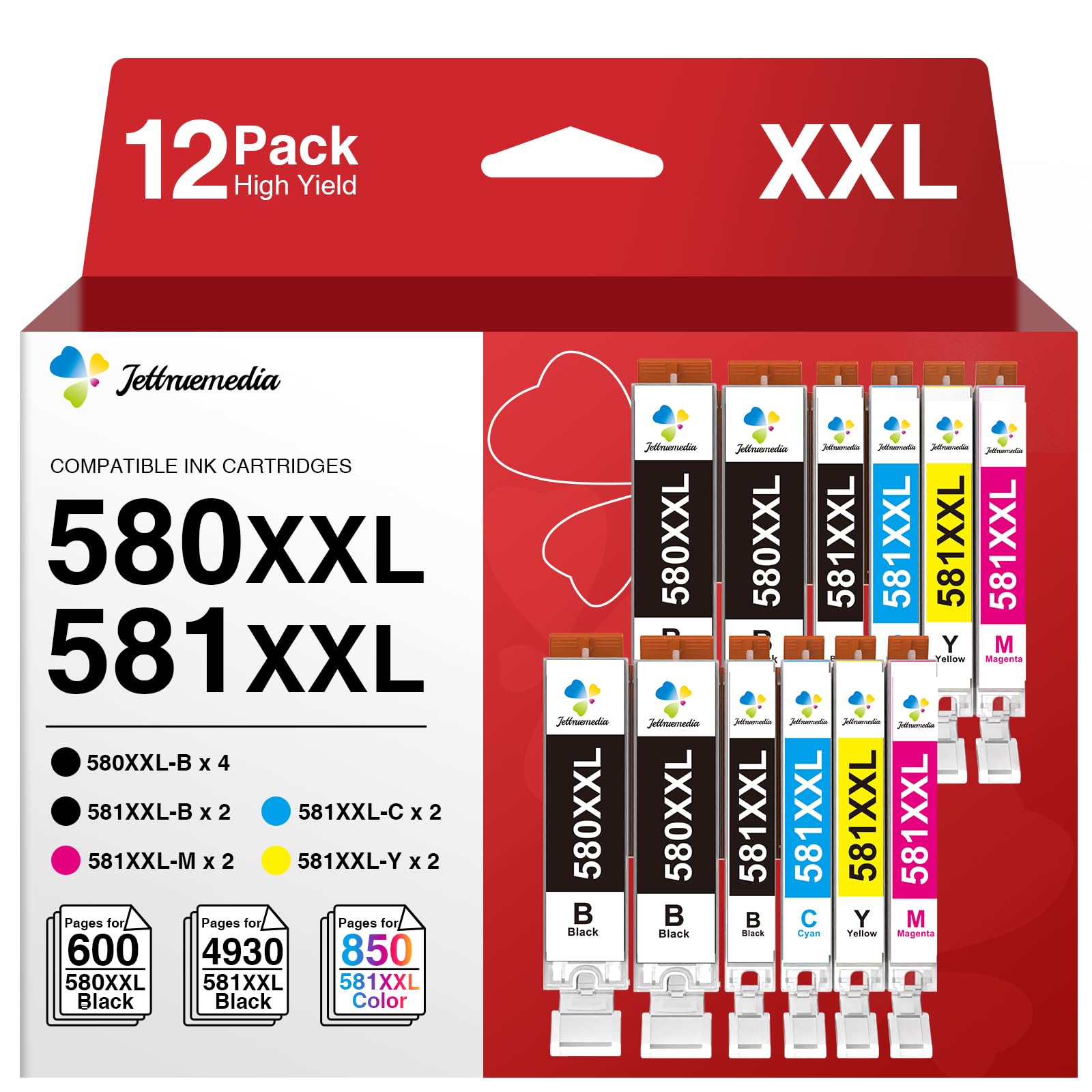12-Pack PGI-580XXL CLI-581XXL Ink Cartridges for Canon 580 & 581 ink cartridges Compatible with Canon Pixma TR8550 TS6350 TS6151 TS6150 TS6250 TS6251TS6351 TS8350 TR7550 (4PGBK/2BK/1C/1M/1Y)
