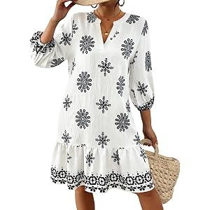 Bsubseach Women Swimsuit Cover Up Boho V Neck Beach Dress Swim Coverup | Flowy V-Neck with Side Pockets & 3/4 Sleeves, Lightw