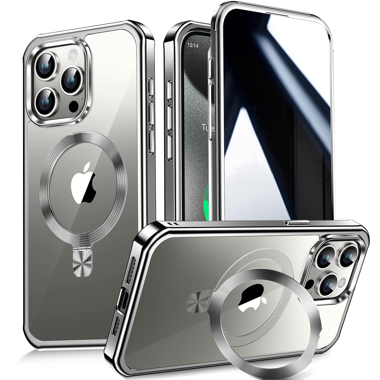 Photo 1 of [CD Metal Ring Stand + Built-in Privacy Screen Protector] Magnetic Case for iPhone 15 6.1" [Soft Bumper Full Signal] [Compatible with MagSafe] 9H Glass Full Body Shockproof Clear Case,Natural Titanium