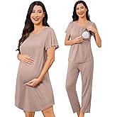 SWOMOG 3PCS Maternity Nursing Nightgown & Pajamas Set Short Sleeve Pjs for Breastfeeding Hospital Pregnancy Lounge Sets