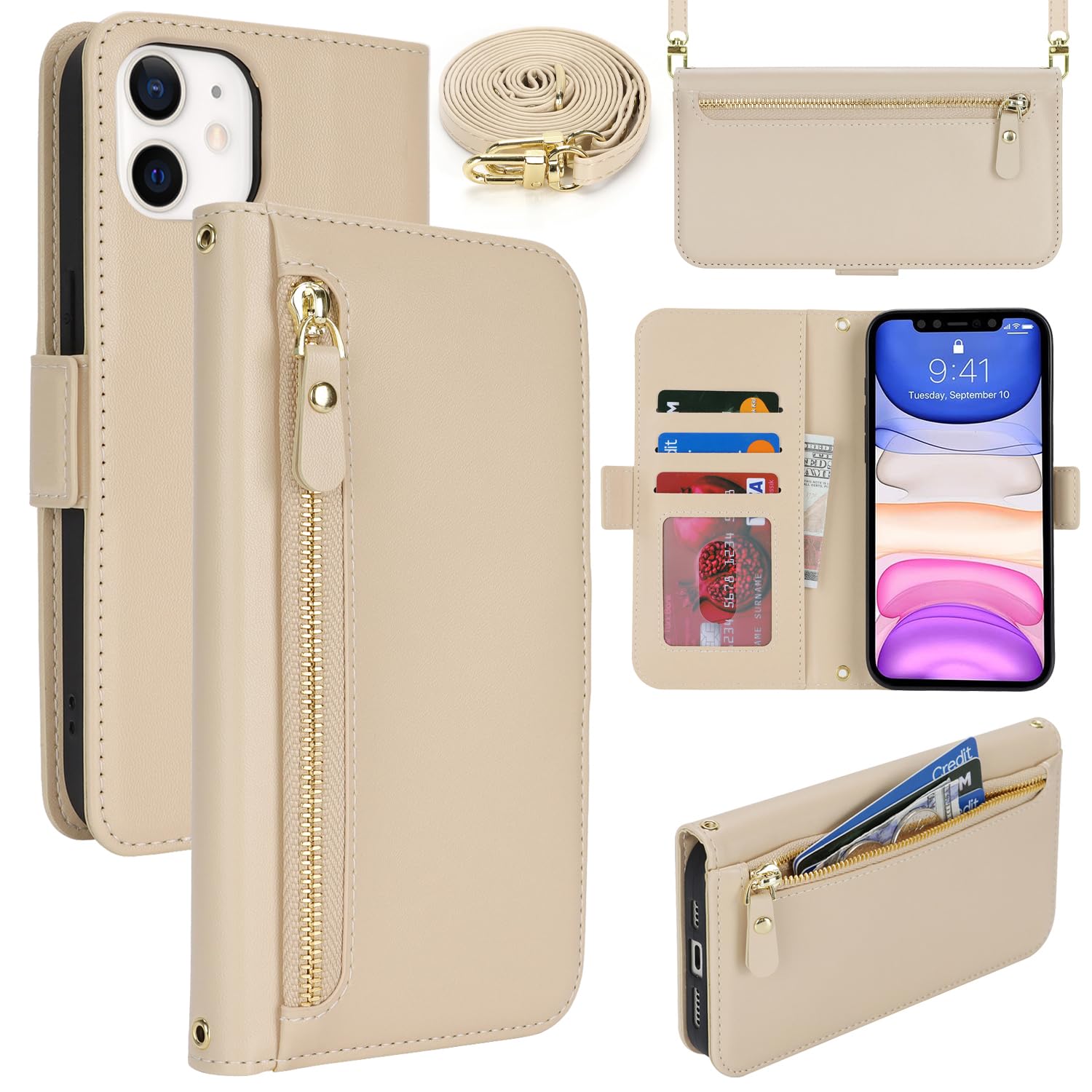 Lipvina for iPhone 11 Wallet Case for Women,Zipper Pocket,PU Leather Phone Case Stand flip Cover Crossbody Lanyard Strap Zipper Credit Card Holder Slots for Apple 11,Beige
