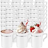 Baderke 48 Pcs Plastic Coffee Cups with Rim 8 oz Disposable Coffee Mugs with Handle Disposable Tea Cups Espresso Beverage Plastic Mugs for Wedding (White,Silver)