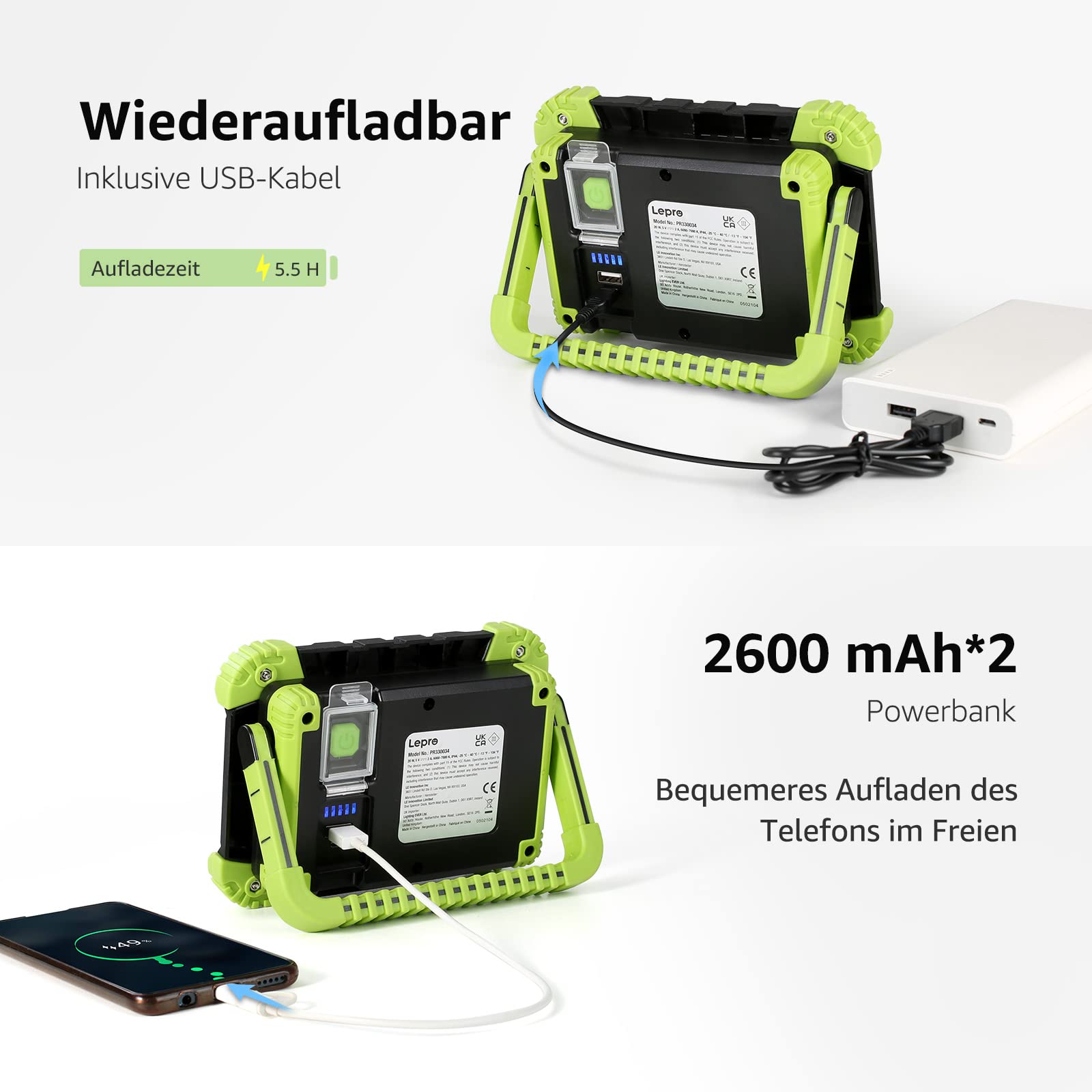 Lepro Led Akku Strahler, Wiederaufladbare Campinglampe aus Aluminium, 20W 2000 Lumen Arbeitsleuchte mit 5 Beleuchtungsmodi und 5200 mAh Powerbank, für Notfall, Camping 7