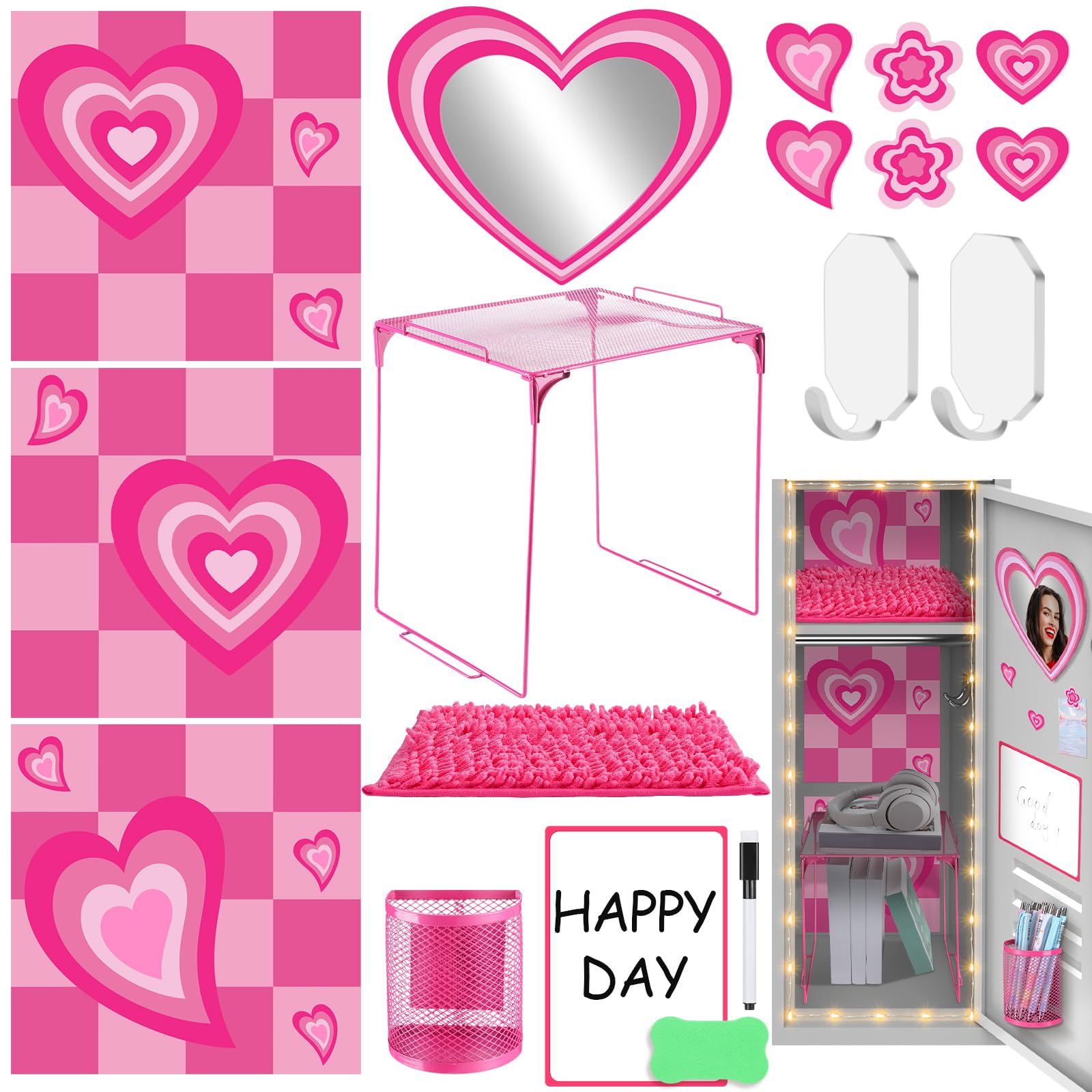 Photo 1 of 19 Pcs Preppy Pink Locker Accessories Kit for Girls Back to School Essentials with Magnetic Wallpaper Shelf Mirror Pen Holder Dry Erase Pen Rug Nails Locker Decorations for Office School Supplies