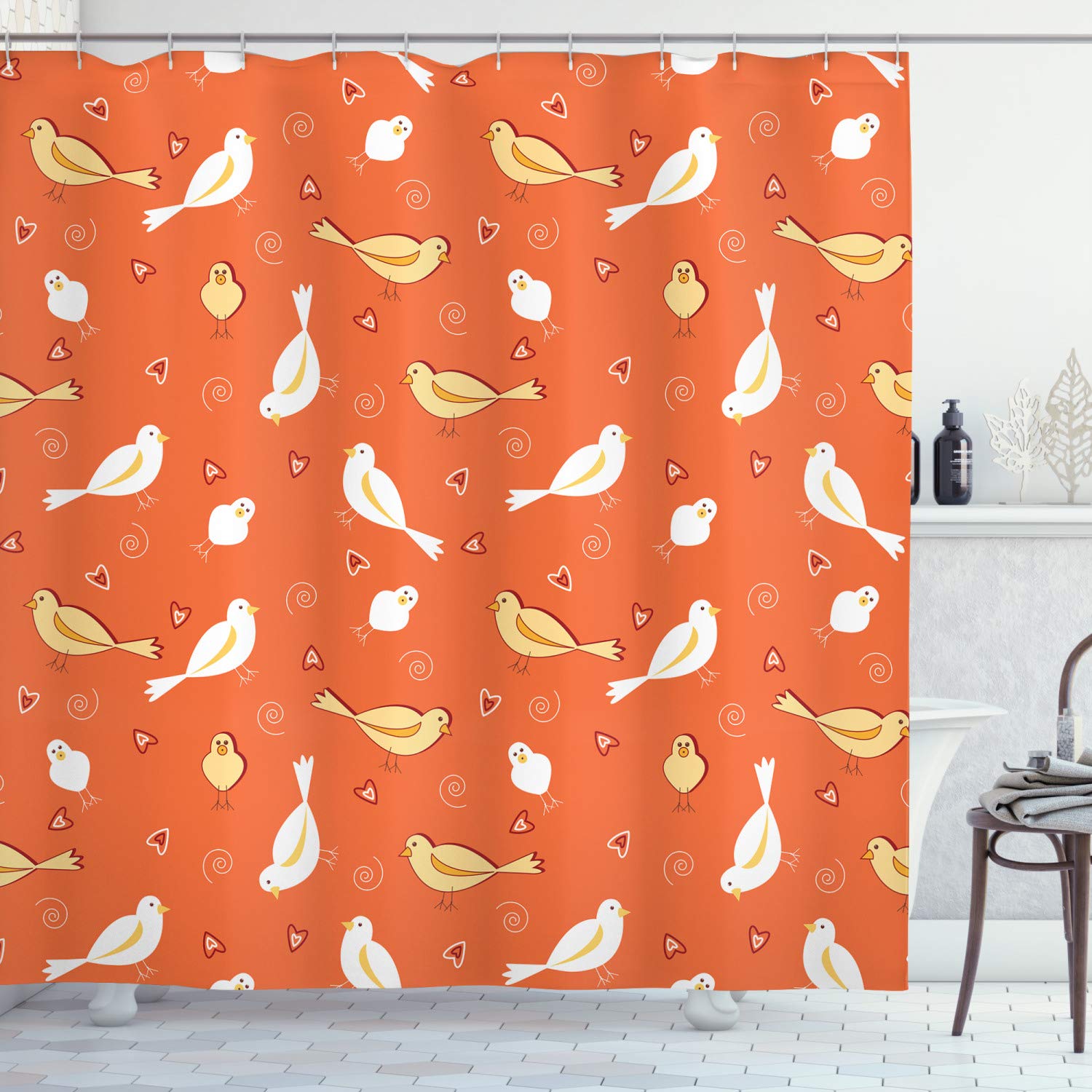 ABAKUHAUS Orange Shower Curtain, Birds with Heart Shapes Swirling Patterns on Burnt Orange Vintage Backdrop, Cloth Fabric Bathroom Decor Set with Hooks, 86 Inches Extra Long, Orange Yellow White