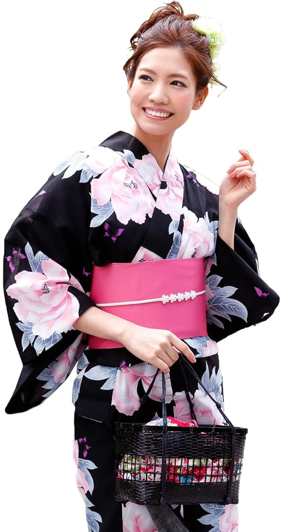 浴衣 女 セット 黒地に大柄牡丹と蝶 平帯タイプ なでしこ ときめき恋浴衣3点セット 浴衣 通販 Amazon