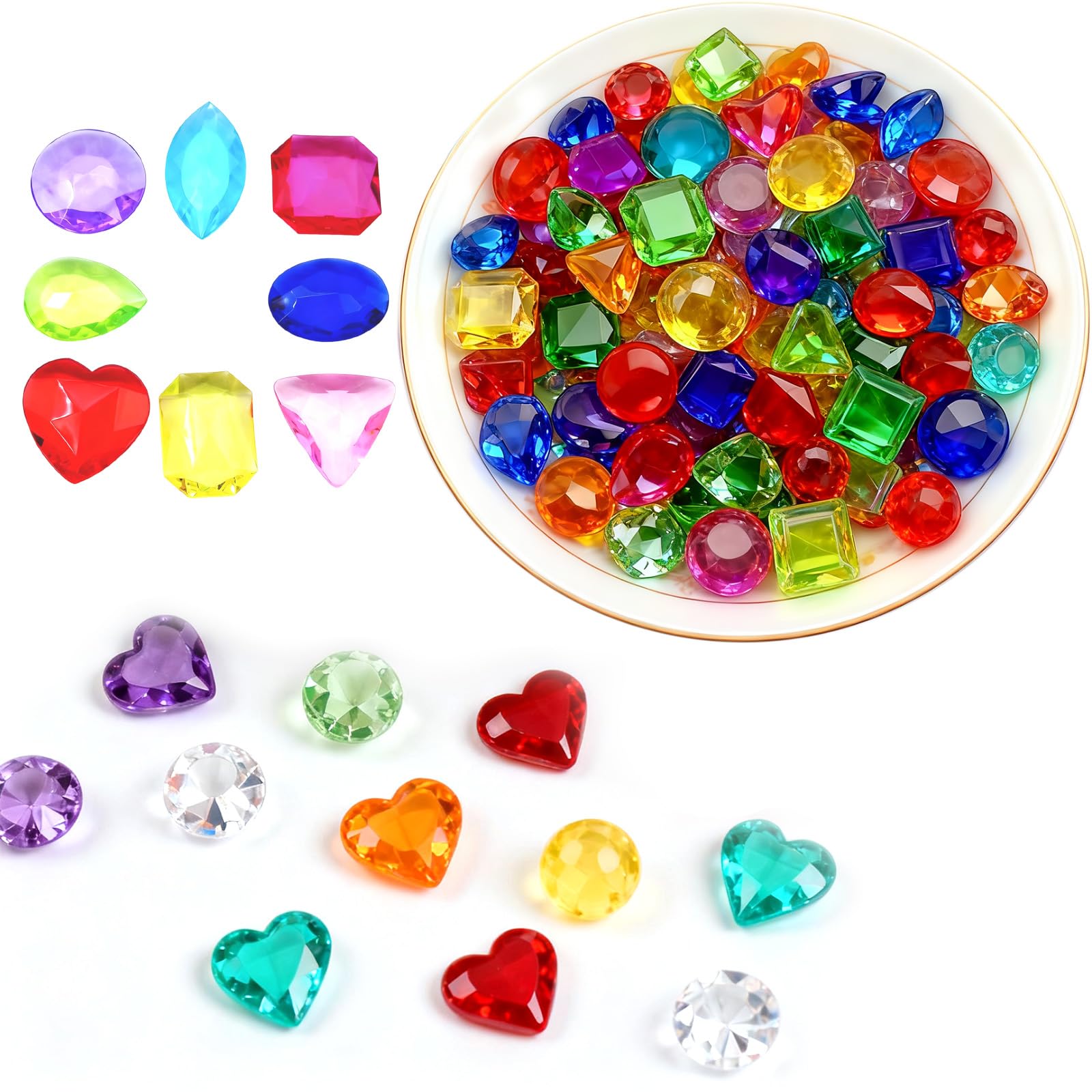 BMYUK 128 Pieces Toy Gems Crystals And Gemstones Pirate Treasure Jewels Fake Acrylic Gems Multicolor Bling Diamonds Plastic Gemstones For Table Decorations Birthday Swimming Pool Hunt Party