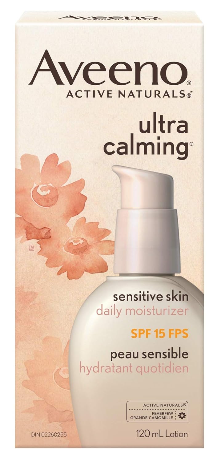 Aveeno Ultra-Calming Fragrance-Free Daily Facial Moisturizer for Sensitive, Dry Skin with SPF 15 Sunscreen, Calming Feverfew & Nourishing Oat, 4 fl. oz: Beauty