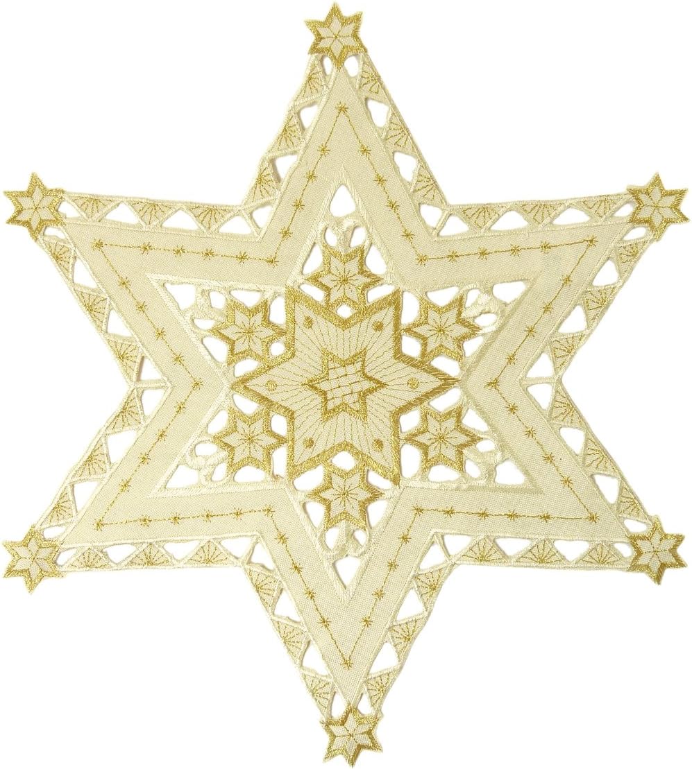 Christmas Tablecloth accessories - Star 15.5" (40cm) - Xmas Ecru & Gold Stars embroidery