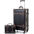urecity Vintage Luggage Set of 2, Retro Suitcase Trunk with Wheels for Men and Women, Cute Designer Travel Luggage Set with Boarding Tote, Luggage Zipperless TSA Approved (20"+12", Black)