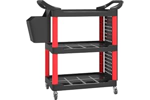 HOMCOM 3 Tier Utility Cart on Wheels, Rolling Tool Storage with Pegboards and Bucket, 200 LBS Load Capacity Plastic Service Cart for Garage, Warehouse, Workshop, Black and Red