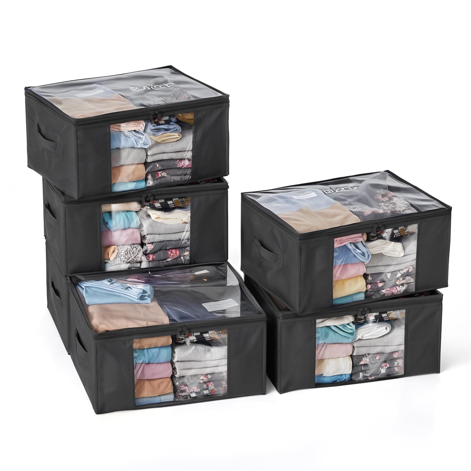 Photo 1 of Clothes Storage Bags, Foldable Thick Fabric Blanket Storage Bags, Large Clear Window & Carry Handles, Great for Clothes, Blankets, Closets, Pillows, Toys (Black, 6PACK)