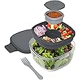 Bentgo Glass All-in-One Salad Container - Large 61-oz Salad Bowl with Lid, 4-Compartment Bento-Style Tray, 3-oz Sauce Container, and Reusable Fork - Dishwasher, Microwave, and Oven Safe (Dark Gray)