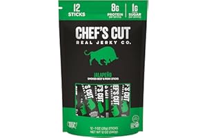 CHEF'S CUT REAL JERKY Chef's Cut Smoked Beef and Pork Jerky Meat Sticks, Jalapeño (1 Ounce Stick, Pack of 12) - High Protein, 8g Protein, 90 Calories, Gluten-Free, Individually Wrapped, Keto Friendly Snack, Low Carb Snack