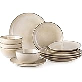 GBHOME Ceramic Dinnerware Sets for 4, 12 Pieces Stoneware Plates and Bowls Sets, Reactive Glaze Dishes -Scratch Resistant, Dishwasher&Microwave Safe-Cappuccino