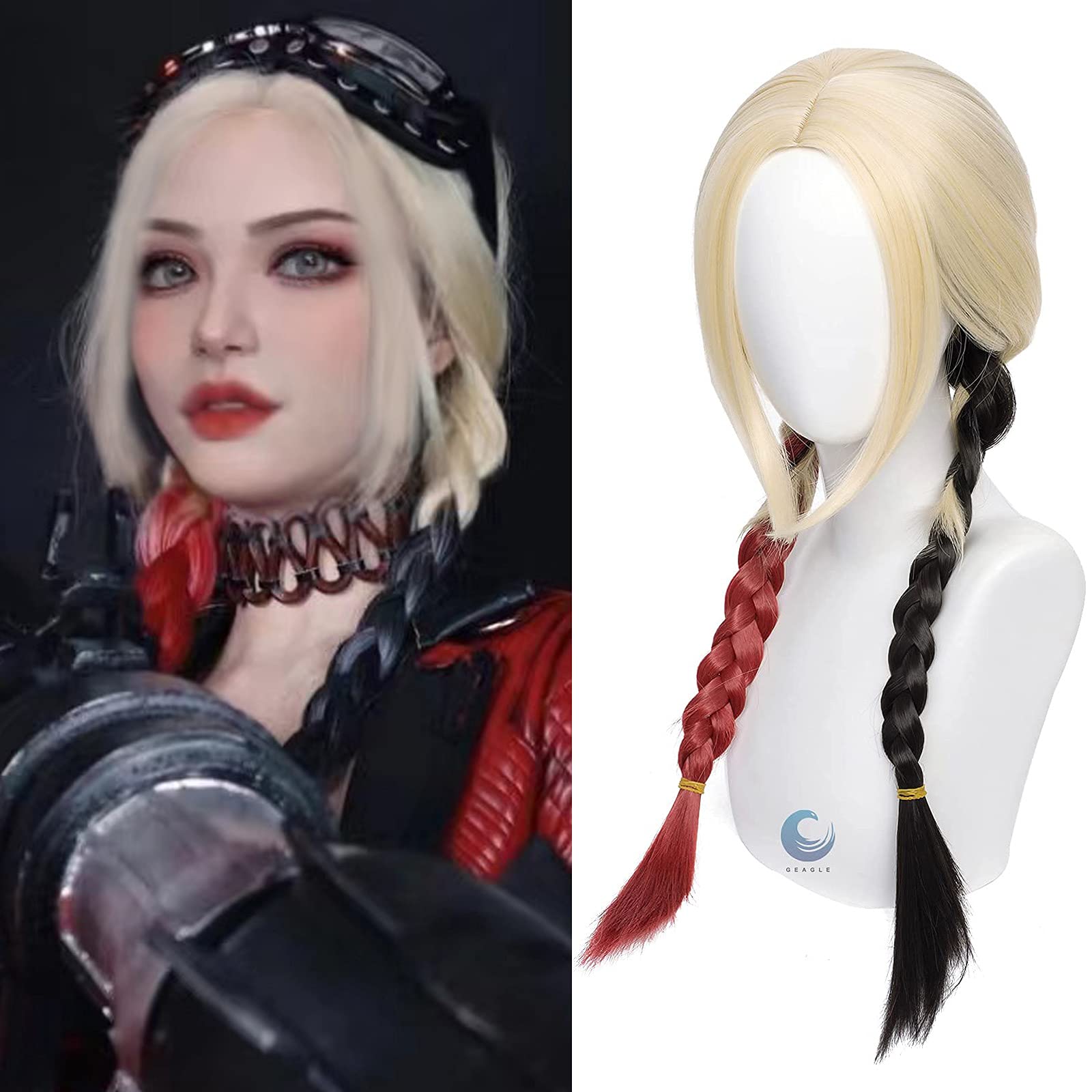 Photo 1 of Geagle Long Blonde Wig with Red and Black Braided Wigs Ponytails Pigtails Clown Cosplay Costume Cosplay Halloween Women 2021