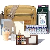 Mini Watercolor Travel Set,Portable Watercolor Kit,15 Grids Portable Wooden Paint Palette with Bag,12 Paint, 4 Brush, Cleaner Cup,2 Sketchbooks Magnetic Clip,Watercolor for Painters,Beginners,Artists