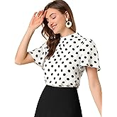 Allegra K Women's Polka Dots Blouse Stand Collar Pleat Keyhole Back Short Flare Sleeve Tops