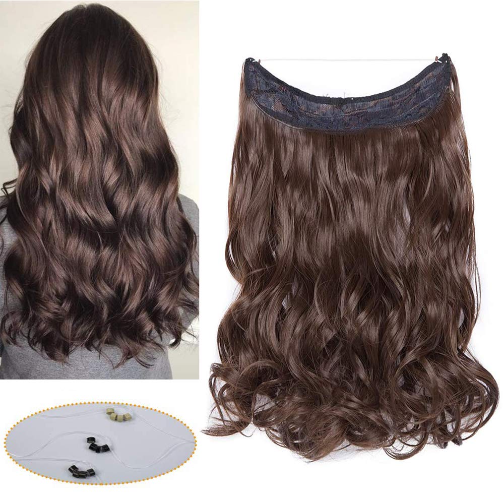 Wire in Hair Extensions 16 inch Light Brown Curly Wavy Hairpiece No Clip Synthetic Hair Wire String — image 1