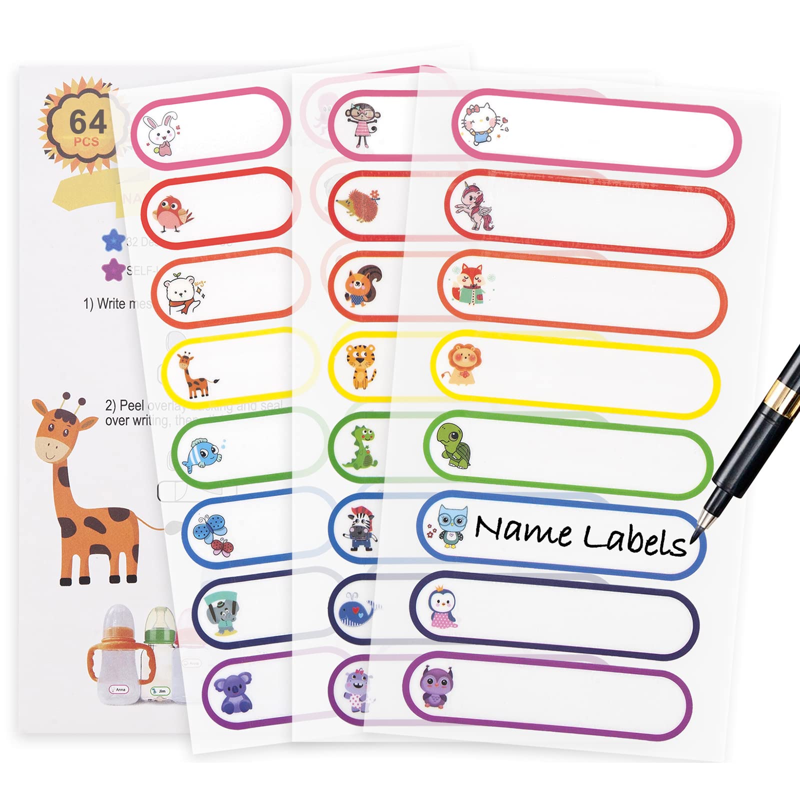 Name Labels for Clothes Kids, 64 PCS Name Stickers for School Supplies, Waterproof Daycare Labels for Baby Bottle Self Laminating, Dishwasher Safe, Personalized Name Tags for Water Bottle, Lunch Box