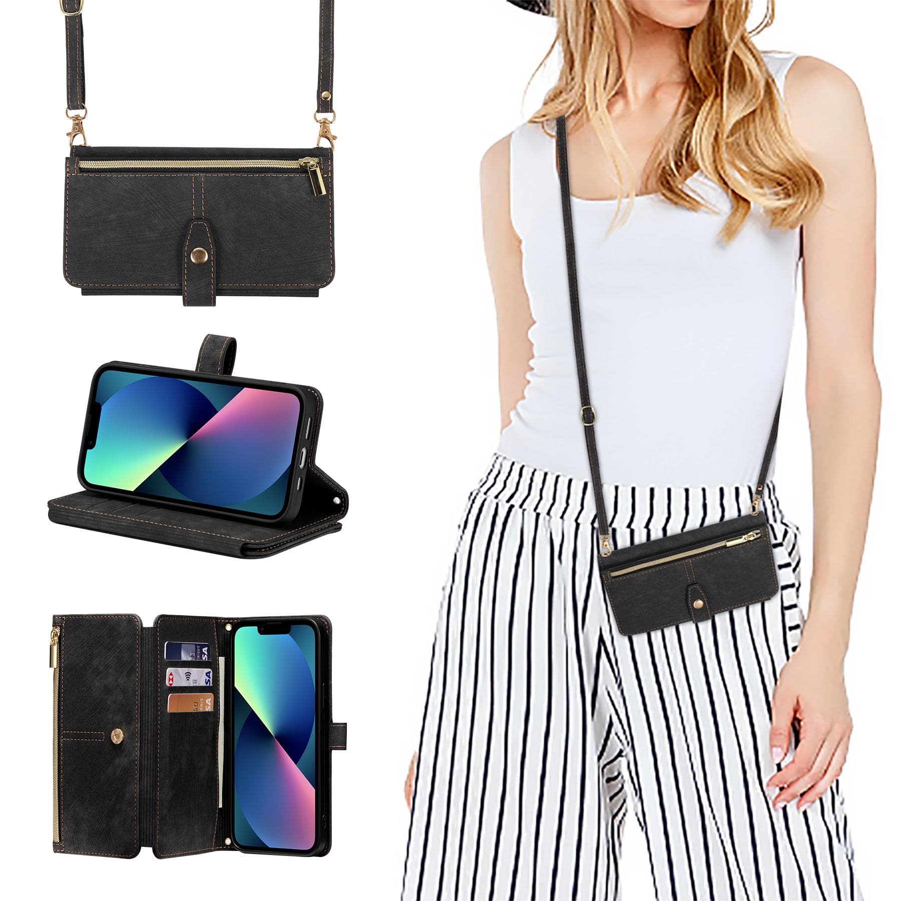 ZCDAYE Case for iPhone 15 Pro Max, iPhone 15 Pro Max Wallet Phone Case, Premium Zipper (with Long Lanyard) Flip Leather Phone Case for iPhone 15 Pro Max,Black