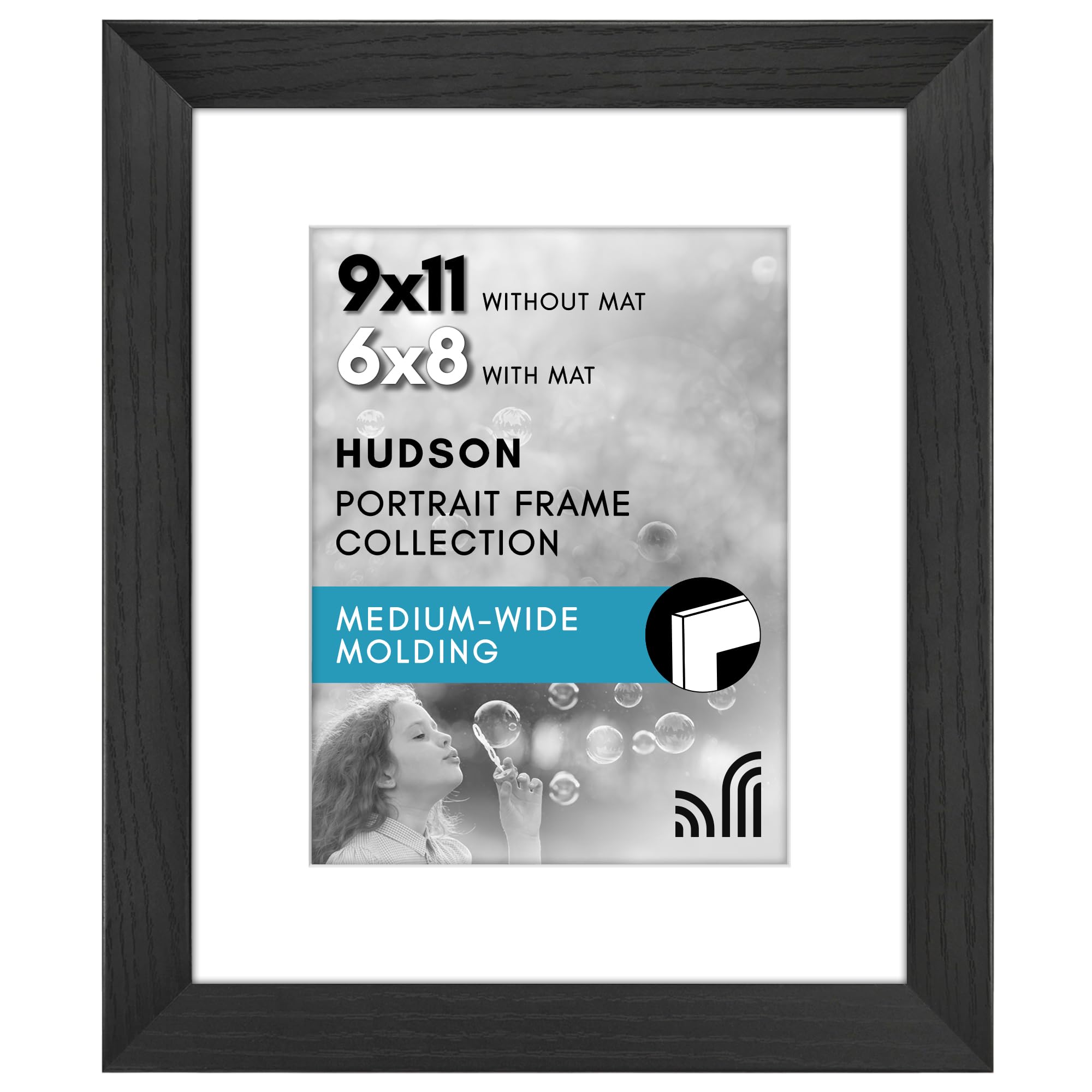 Photo 1 of Americanflat 9x11 Picture Frame with Shatter-Resistant Glass - Use as 6x8 Frame with Mat or Display 9x11 Photo Without Mat - Hudson Collection - Wide Picture Frames for Tabletop and Wall - Black