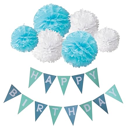 Deco Joyeux Anniversaire Wartoon Happy Birthday Bannière Banderole Joyeux Anniversaire 6 Paquets Pompon Papier De Soie Boules De Fleurbleu Et