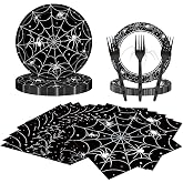 LAOREI 80 Pcs Halloween Spider Web Tableware Party Supplies - Disposable Dinnerware Set with Paper Plates, Napkins, and Forks for Spooky Halloween Party Supplies, Birthday Decorations Serves 20