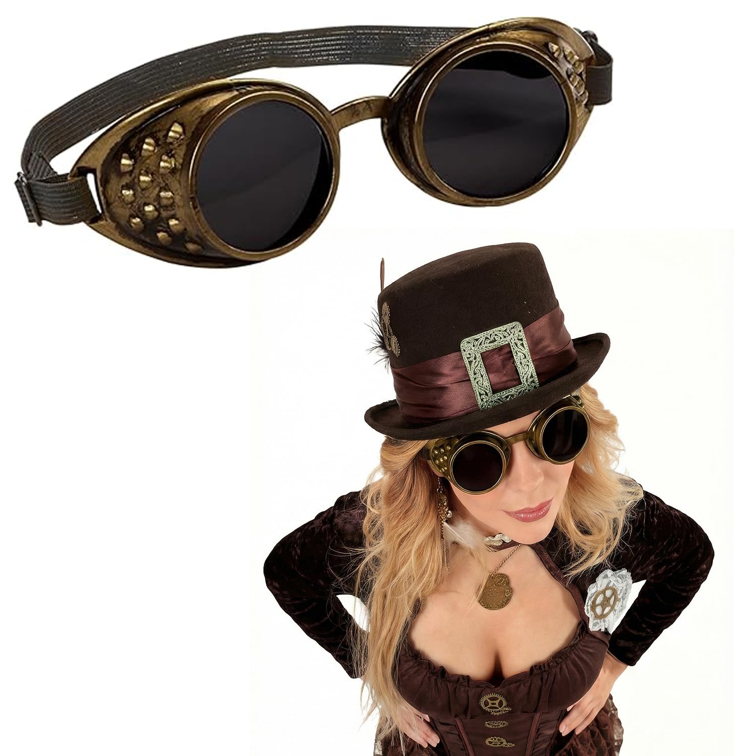 Bella Dox® Steampunk Goggles - Vintage Bronze Adjustable Leather Goggles for Airship Pilot & Mad Scientist Costume, Gothic Halloween & Cosplay Accessories for Adults