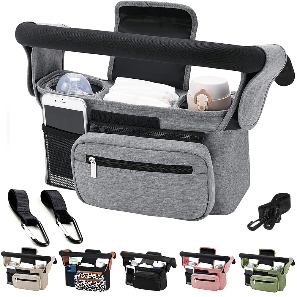 Tyuodna Baby Pram Bag Stroller,Universal Stroller Bag with 2 Insulated Cup Holder,Large Capacity Bag Organiser,Buggy Organiser Bag with Shoulder Strap&Non-Slip Secure Hooks (Grey)