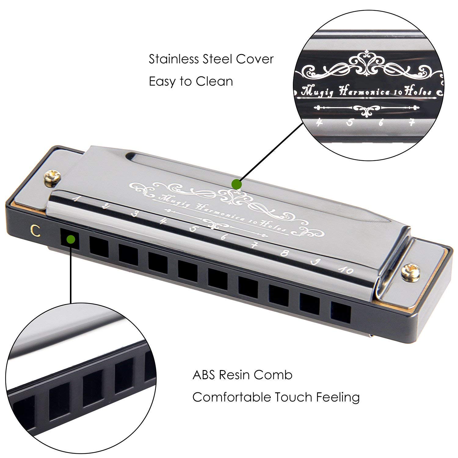 Mugig Armonica a bocca BLUES 10 fori, C Key Coperta d’acciaio inossidabile colore nero classico, consegna con custodia, adatto per i principianti