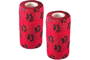 PRAIRIE HORSE SUPPLY Vet Wrap Wrap Tape (Red with Paw Prints) (2 Pack) (2 Inch x 15 feet) Self Adhesive Adherent Adhering Cohesive Flex Self Stick Bandage Grip Roll Dog Cat Pet Horse
