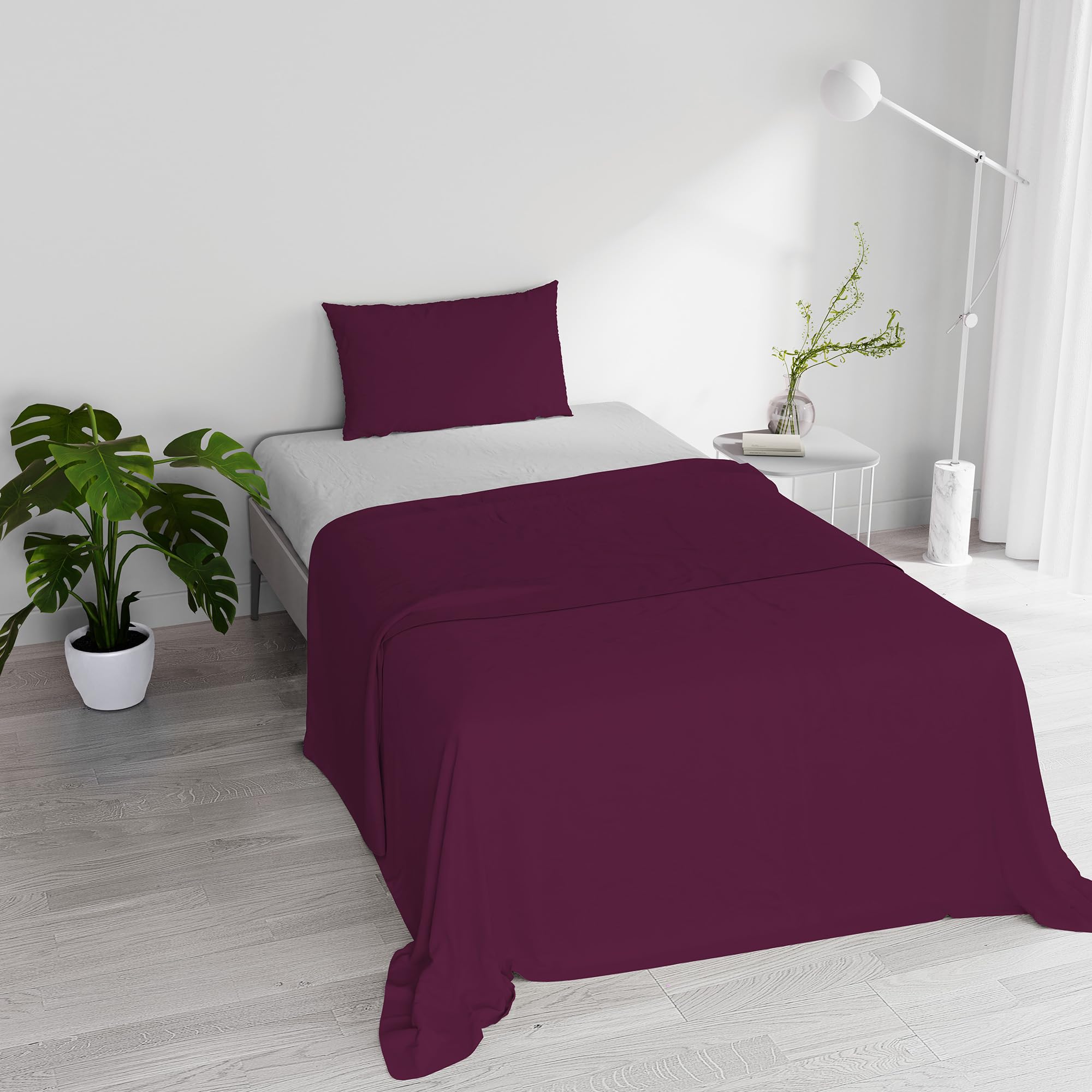 Italian Bed Linen Bed Set 100% Cotton Natural Color, Plum/Light Grey, Single