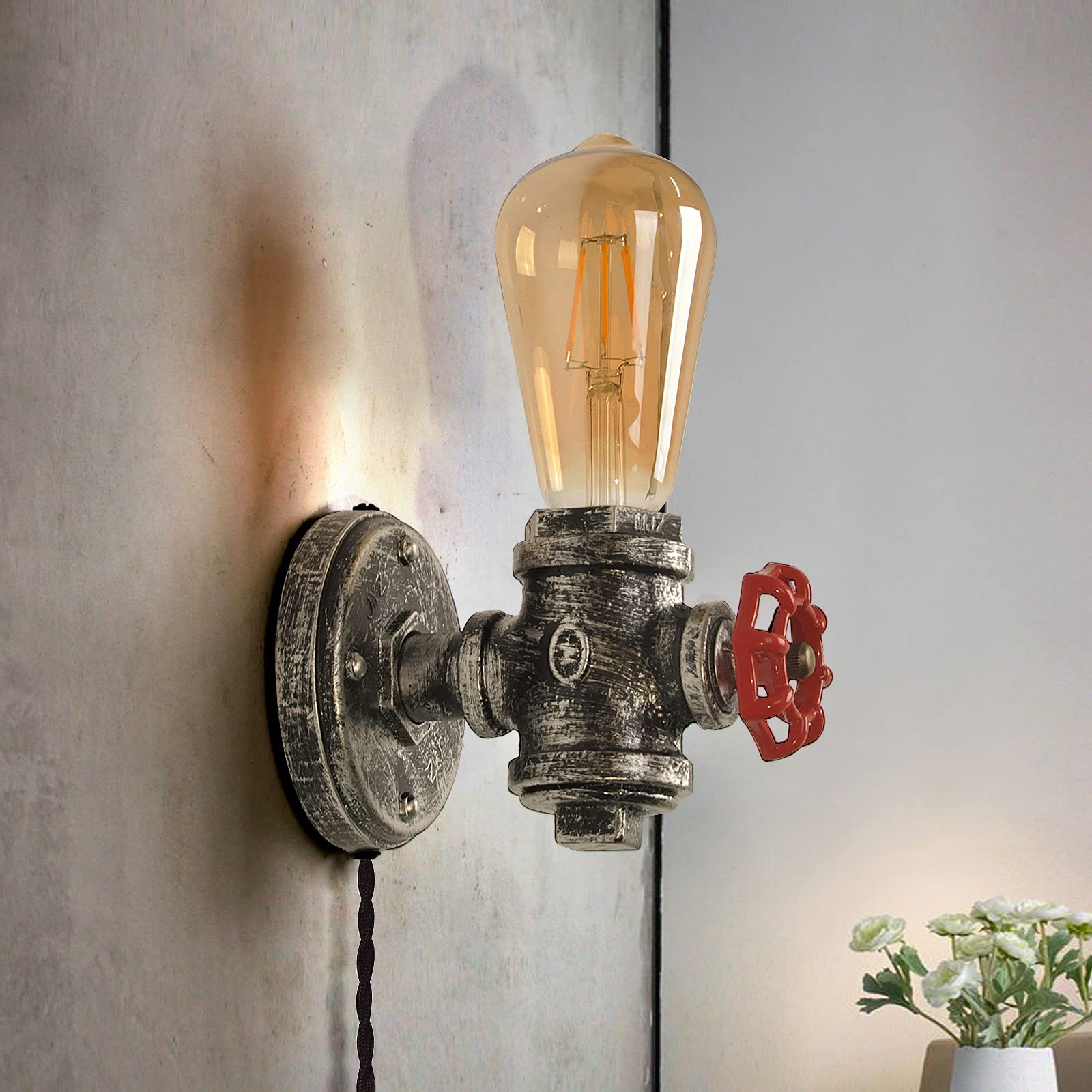 Industrial Wall Lamp Base with Plug-in Cord, Rustic Sconce Mounted Fixture with Red Valve Metal Steampunk Light Vintage E27 Base Retro Lighting Farmhouse Decoration for Bedrooms Living Room(No Bulb)