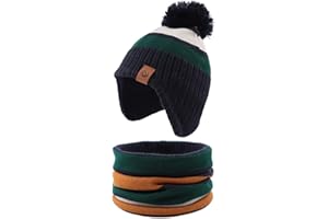 PEECABE Toddler Winter Hat Boys Girls Striped Knitted Beanie Pompom Kids Cold Weather Hat Scarf Set 9M-8Y