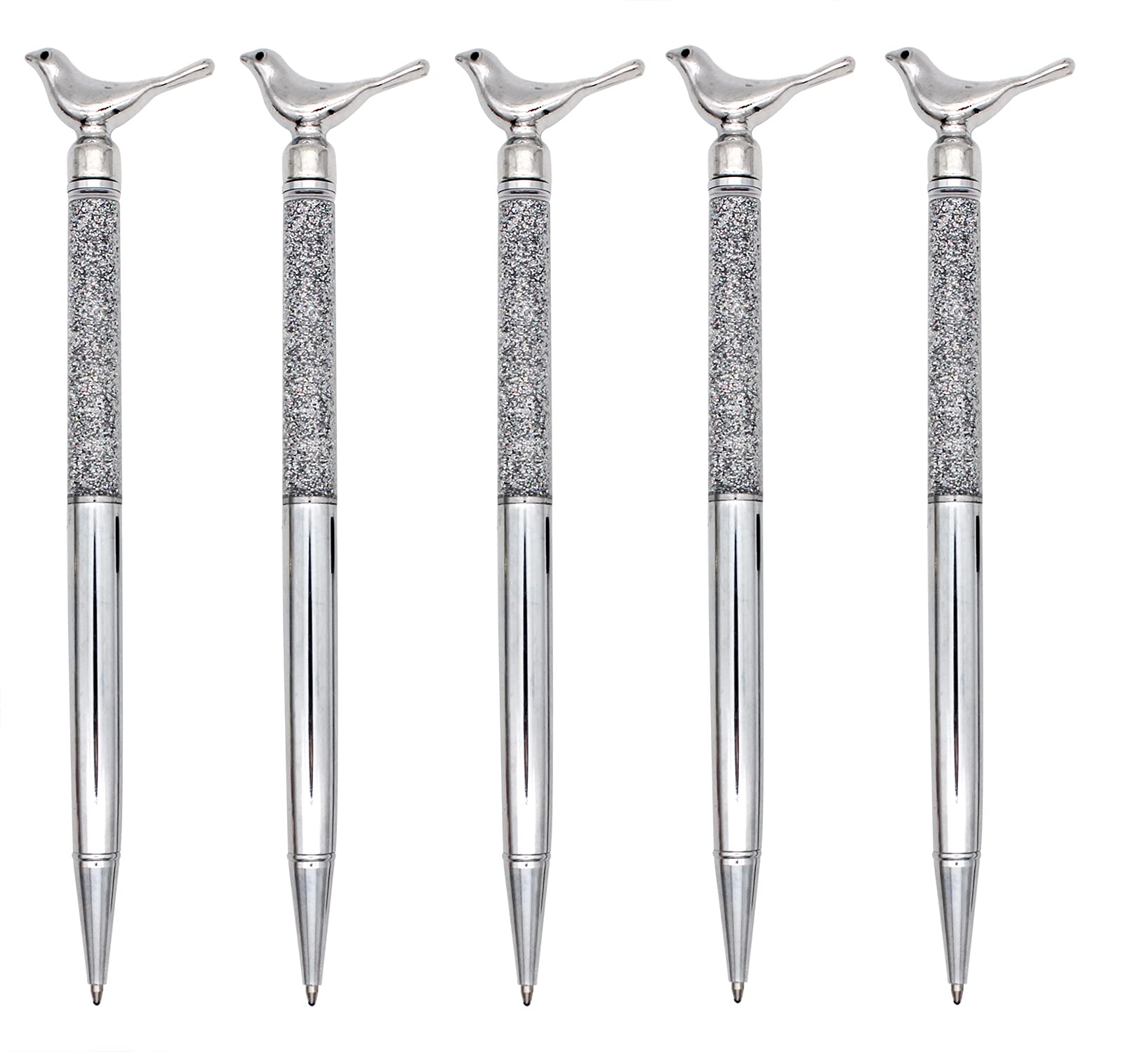 Gullor 5 Pieces Metal Bling Small Bird Retractable Ballpoint Pen for School Office Home Travel Gift Supplies, Silver