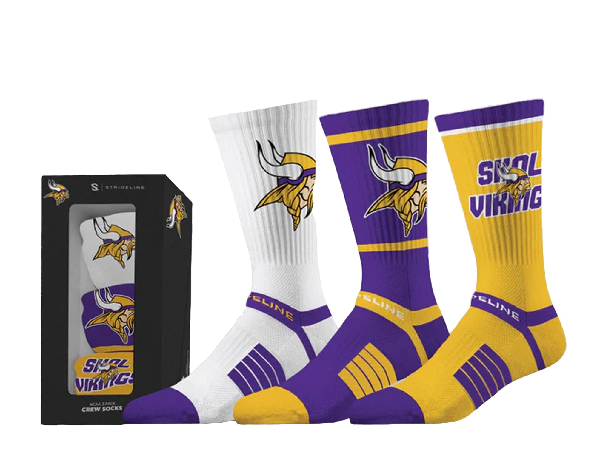 Strideline NFL Minnesota Vikings Premium Crew Socks, Pack of 3, Gift Box, M/L (40-46), multicoloured, One Size
