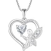 Lwsary Guardian Angel Necklace 925 Sterling Silver Heart Angel Wings Pendant Birthstone Jewelry for Women