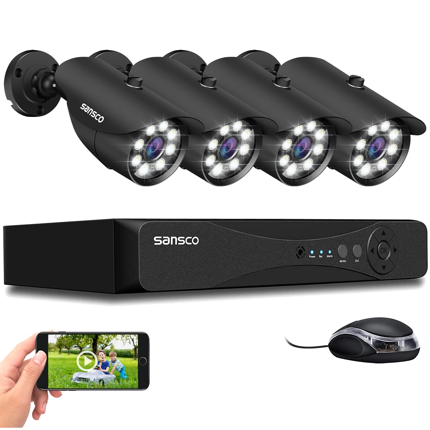 SANSCO 5MP 8CH CCTV Security Camera System, 8 Channel Expandable DVR, 4pcs 3K IP66 Waterproof Metal Bullet Cameras, with Human/Vehicle/Face Activated Full Color Night Vision, No Hard Drive Disk